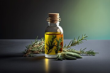 Rosemary essential oil product over dark background, Studio shot. Generative AI