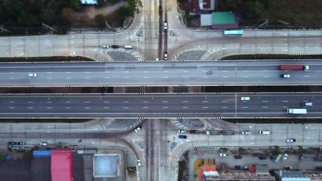 Aerial view of the main road at the red light intersection in the eastern part of Thailand that has just been renovated with the concept of economic development eec eastern part of Thailand.