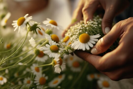 Macro shot caption of hand picking chamomile flowers. Generative AI