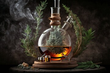 Rosemary essential oil process. Distillation in progress. Generative AI - obrazy, fototapety, plakaty