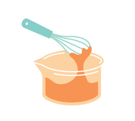 Mixer in plastic container. Kitchen utensils and professional inventory for cafe or restaurant. Preparation of flour products and cocktails, cooking. Cartoon flat vector illustration