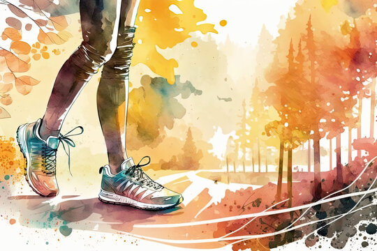 young woman in running shoes in autumn. Watercolor pastel concept. Generative AI