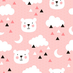 Scandinavian pink sky seamless pattern with cute polar bear and clouds, moon and triangles. Kids fabric and textile vector design.