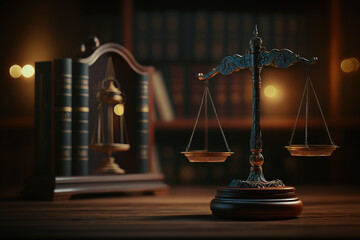 Scales of justice in the courtroom, dark lighting, punishment system for prisoners, presumption of innocence, constitution day. Generative AI.