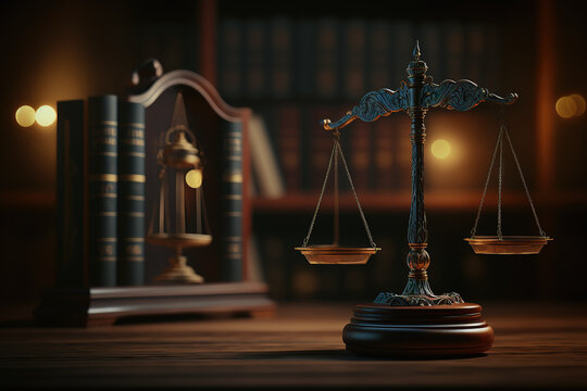 Scales of justice in the courtroom, dark lighting, punishment system for prisoners, presumption of innocence, constitution day. Generative AI.