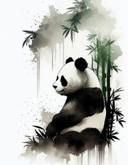 Panda Bear Japanese Style Water Color Illustration. Generative AI
