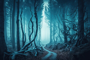 a mystical forest with barren trees and blue fog. autumn winter. Generative AI