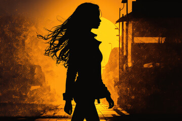 silhouette of a young woman at sunrise or sunset. Generative AI