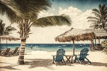 Obraz na płótnie Canvas two lounge chairs under an umbrella on a paradisiacal beach in the Caribbean. Generative AI