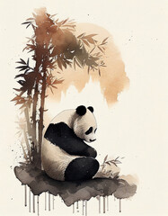 Panda Bear Japanese Style Water Color Illustration. Generative AI