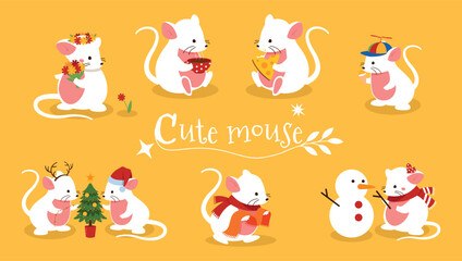 Mouse banner concept. Animals and rodents in clothes with cups of hot drink. Animals and wild life. Graphic element for website. Happy mice family. Cartoon flat vector illustration