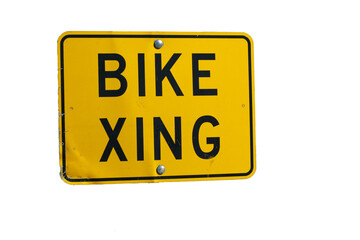 An isolated yellow bike crossing (bike xing) sign against a blank background - traffic signs