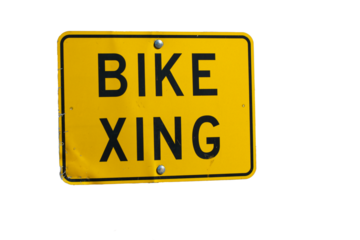 An isolated yellow bike crossing (bike xing) sign against a blank background - traffic signs