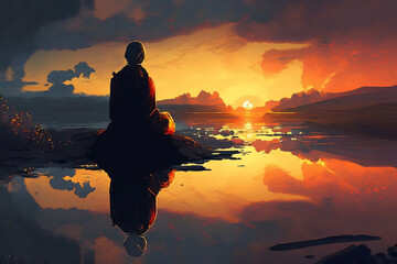 Fototapeta na wymiar Meditation At Sunset, Sunset Meditation, Generative Ai