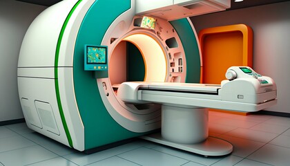 Magnetic resonance imaging scan machine MRI CT in Hospital interior. Generative AI