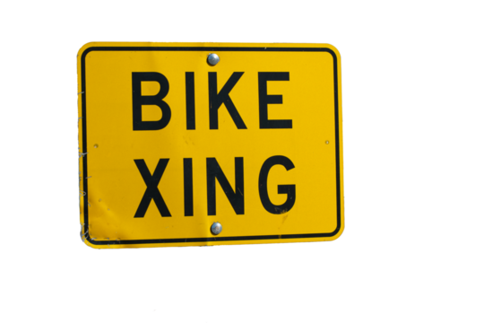 An isolated yellow bike crossing (bike xing) sign against a blank background - traffic signs - Powered by Adobe