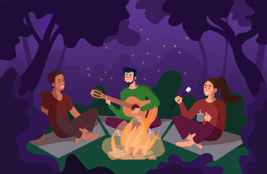 Picnic by fire concept. Men and woman sit near campfire with guitar and sticks with marshmallows. Camping and hiking. People with musical instrument in forest. Cartoon flat vector illustration