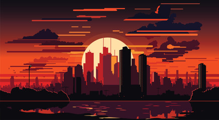 Flat vector city skyline in sunset, sunrise. 