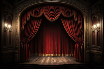 A theater stage with red curtains. Generative AI