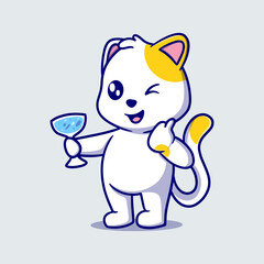 Cute cat holding glass cartoon icon illustration. funny sticker for kids