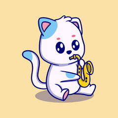 cute cat blowing a trumpet cartoon icon illustration. funny sticker for kids
