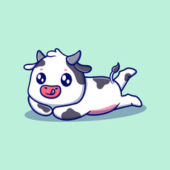 Cute lazy cow cartoon icon illustration. funny sticker for kids