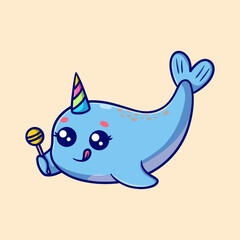 Cute narwhal holding candy cartoon icon illustration. funny sticker for kids