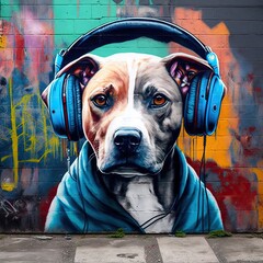 Street art graffiti of dog with headphones. Generative AI
