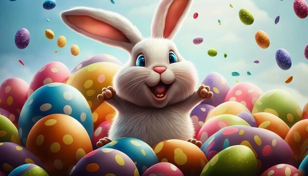 Easter bunny with many colorful easter eggs. Generative AI