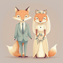 Fox bride and groom. Lovely wedding couple. Just Married