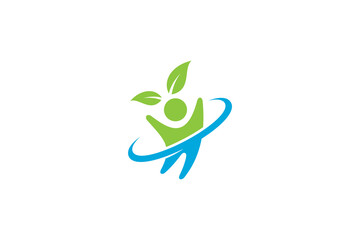 Healthy living people logo with natural leaf in simple flat design style