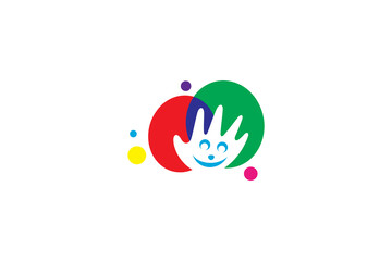Cheerful child hand logo in colorful bubbles in flat design