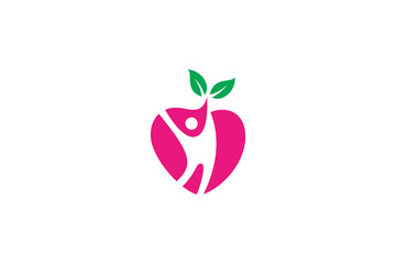 Health love people logo with heart and person object shape decorated with natural leaves in flat design