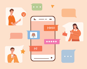 People chatting on social media. Avatars of characters with smartphones in hands. Communication and interaction in messenger, group chat. Friends and students. Cartoon flat vector illustration