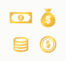 Icon set of money, currency, dollar, euro. Payment, bank. Golden,gold. Vector illustration