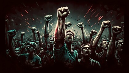 Many people rising hands fists, rallies and protests. Generative AI