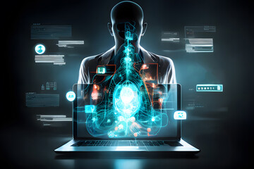 Fototapeta Laptopy ukazujące ludzkie ciało, szkielet. Diagnoza pacjenta, podanie wyników badań, wizyta kontrolna u lekarza. Generative AI obraz