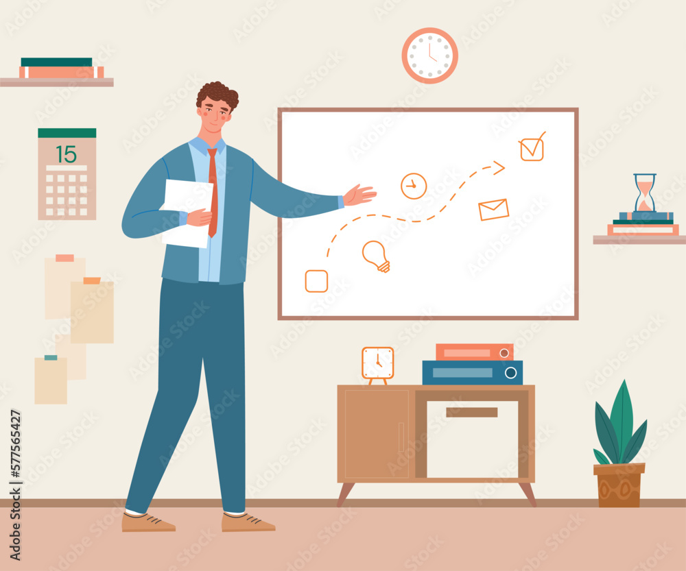 Poster time managment concept. man at board looks at plan, scheduling and organizing efficient workflow. yo