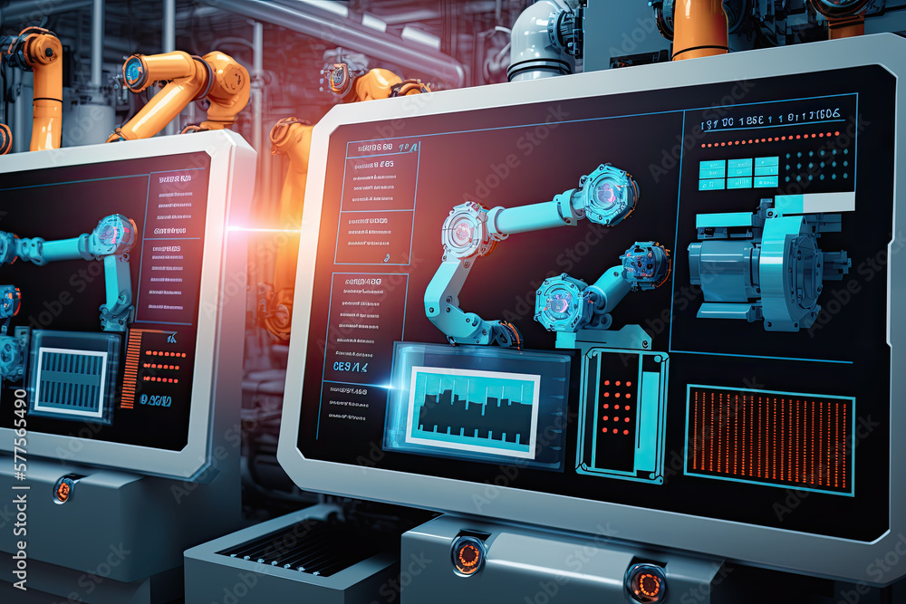 Poster concept computer controlled robotic gripper arms. modern industrial age. generative ai