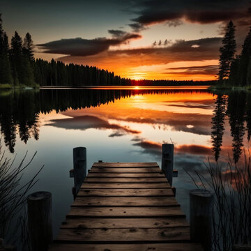 view from a dock looking out over a beautiful lake at sunset © Marcelo