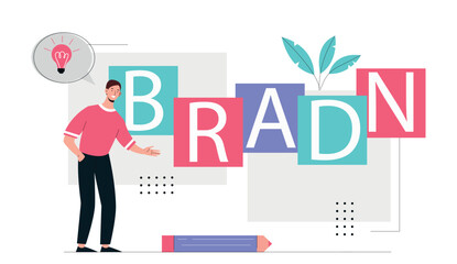 Concept of brand. Rebranding of company or organization, marketing and promotion on Internet. PR manager, creative personality. Man with inscription, corporate. Cartoon flat vector illustration