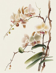 Beautiful Orchid Flower Japanese Style Watercolor Painting. Generative AI