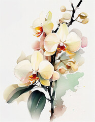 Beautiful Orchid Flower Japanese Style Watercolor Painting. Generative AI