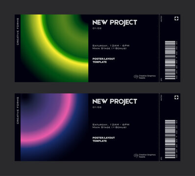 Gradient aesthetic art modern ticket design. Template layout with blurred digital gradient.