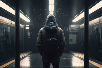 A man wearing a hoodie standing in a subway