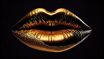 gold lips on the black background - obrazy, fototapety, plakaty