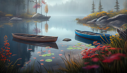 Fototapeta premium Illustration of two small boats at the dock in a misty autumn morning, AI-generated image. 