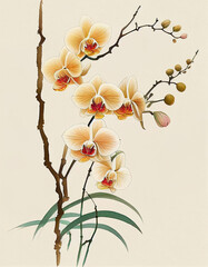 Beautiful Orchid Flower Japanese Style Watercolor Painting. Generative AI