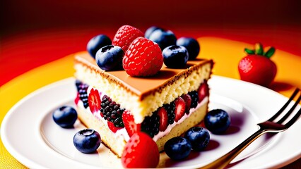 Piece of cake on a plate decorated with berries close-up