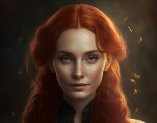 redheaded beautiful woman fantasy character portrait isolated on a black background Generative Ai